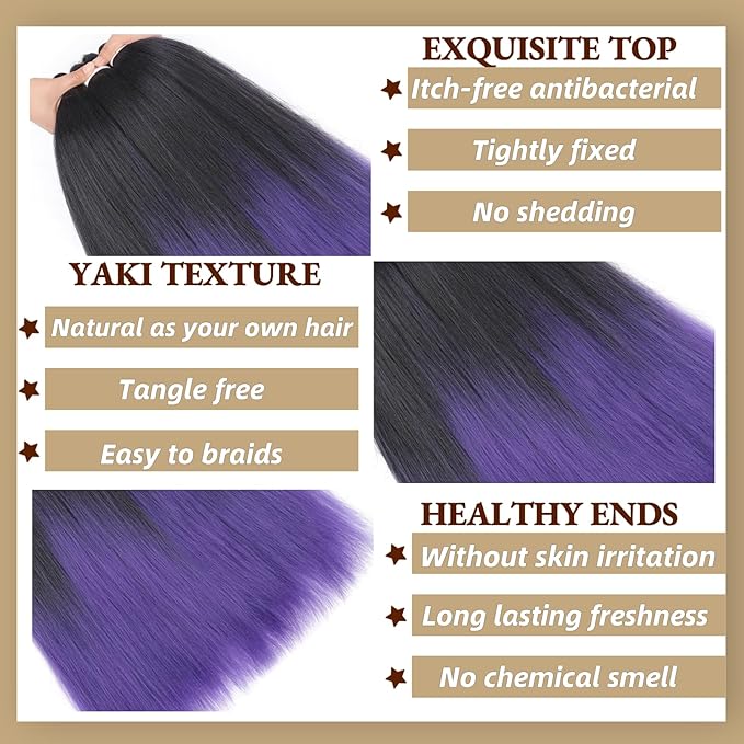 Pre Stretched Braiding Hair Ombre Black To Purple Braiding Hair, 24 Inch 6 Packs Professional Hair Extensions Hot Water Setting Synthetic Fiber Crochet Twist Braids(24Inch,1B/Purple#)