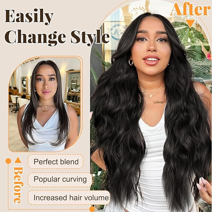 ALXNAN Clip in Long Wavy Synthetic Hair Extension 20 Inch Black Brown 4PCS Thick Hairpieces Fiber Double Weft Hair for Women