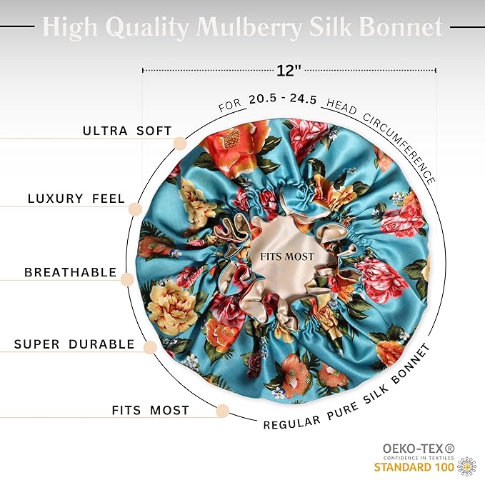 100% Mulberry Silk Bonnet for Women – Handmade in USA, 19 Momme Double-Layer Reversible Hair Wrap, Non-Slip Sleep Cap for Curly & Natural Hair, Luxury Hair Protection (Blue Peonies)