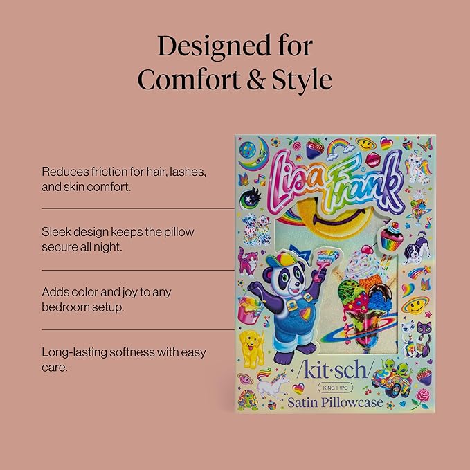Kitsch x Lisa Frank Satin Pillowcase with Zipper for Hair & Skin, Softer Than Silk Pillow Cases, Wrinkle-Free, Smooth and Cooling Satin Pillow Covers King Size 19x36- The Fantastic World of Lisa Frank