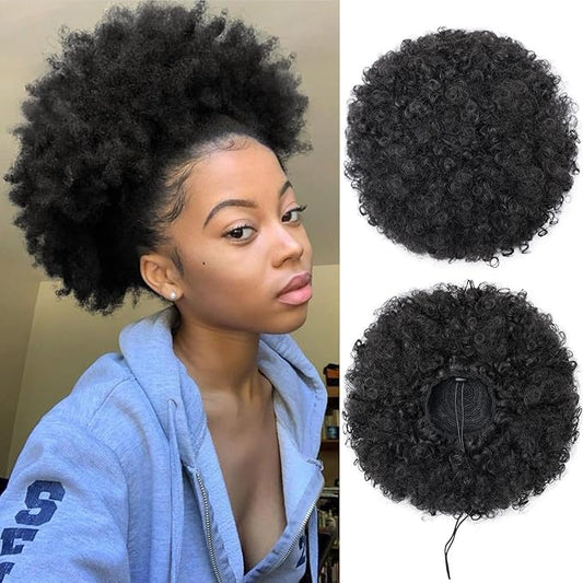 AISI QUEENS Afro Puff Clip On Synthetic Ponytail Extension for Black Women, Natural Black Short Kinky Bun for Natural Hair(1B#)