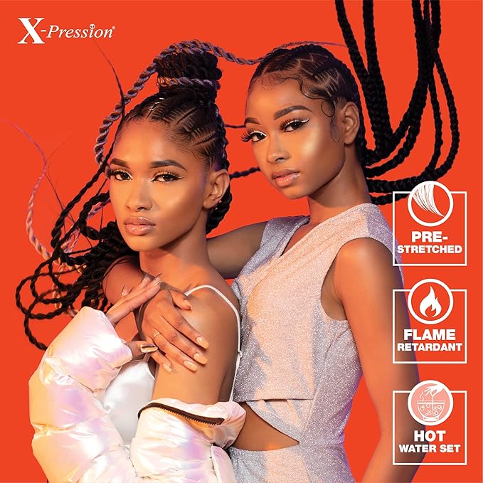Sensationnel X-pression prestretched braiding hair - 6x braid 58 inch all kanekalon flame retardant synthetic braid for box braids and twists (1 JETBLACK)
