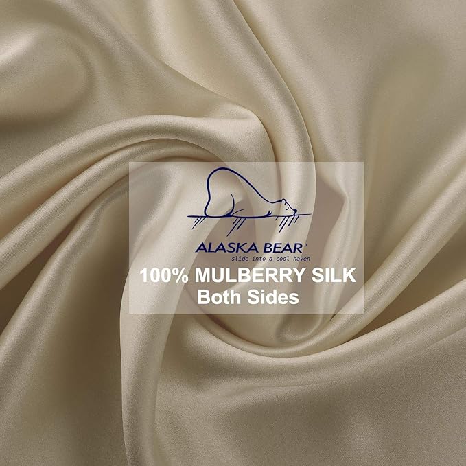 Standard Size Silk Pillowcase ALASKA BEAR Random Color Silk Scrunchie Gift Set for Beauty Sleep (1, Beige)