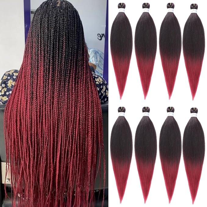 Pre Stretched Braiding Hair Ombre Black to Burgundy Braiding Hair,Professional Hair Extensions Hot Water Setting Synthetic Fiber Crochet Twist Braids(24Inch,1B/900#)