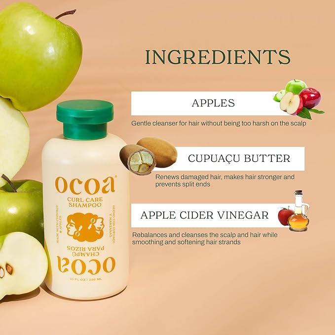OCOA Beauty Curl Care Shampoo with Apple, Cupuaçu Butter & Apple Cider Vinegar – Curly & Wavy Hair Cleanser - Retains Moisture for Soft, Manageable and Defined Curls – 10oz