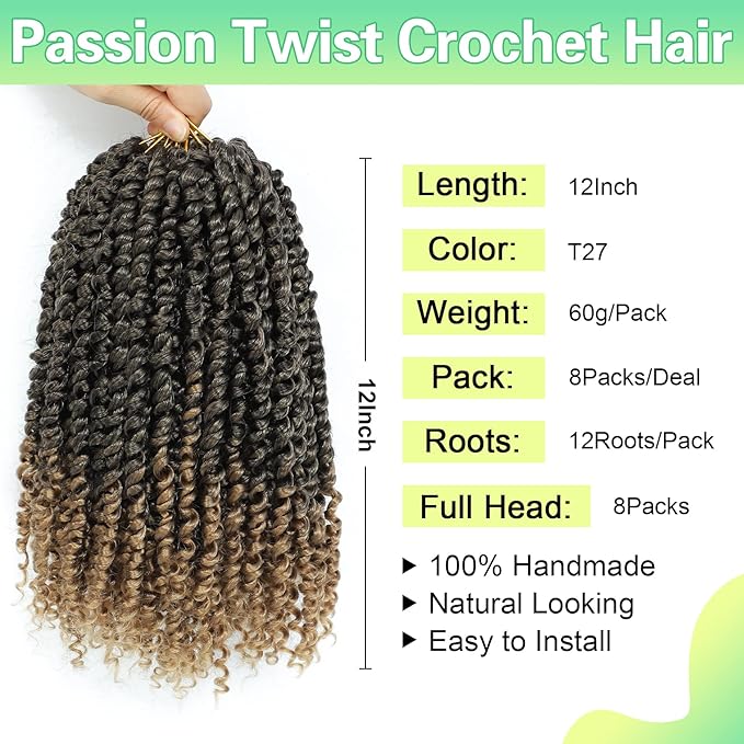 Passion Twist Crochet Hair 12Inch 8 Packs Passion Twist Hair, Pretwisted Short Crochet Hair for Black Women，Crochet Hair Extensions T27