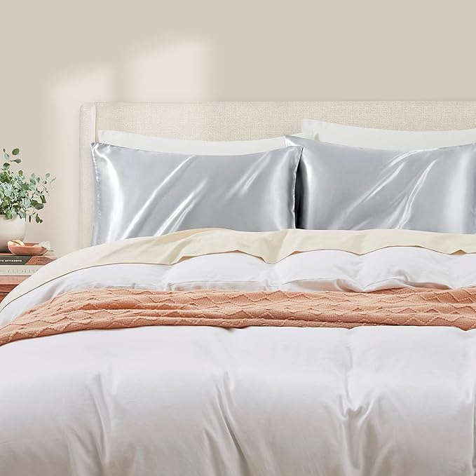 King Size Satin Pillowcase Set of 2 with Envelope Closure,Light Gray Silk Pillowcase for Hair and Skin (20x36)