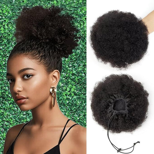 Afro Puff Clip On Human hair Drawstring Ponytail for Black Women,Ponytail Extension 8 Inch #1B Natural Black 60g Short Afro Kinkys Curly Afro Bun Extension Hairpiece