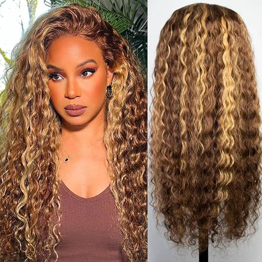 Chesma 28inch Highlight Ombre Lace Front Wig Human Hair 13x4 HD Honey Blonde 4/27 Deep Wave Lace Frontal Wigs Glueless Wigs 180 Density