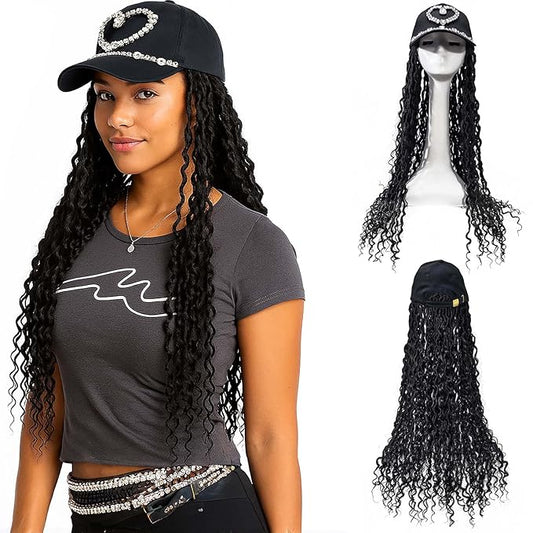 Wig Hat 26-Inch Boho Locs Crochet Hair, Faux Soft Locs with Curly Ends, Synthetic Black Long Wigs for Women