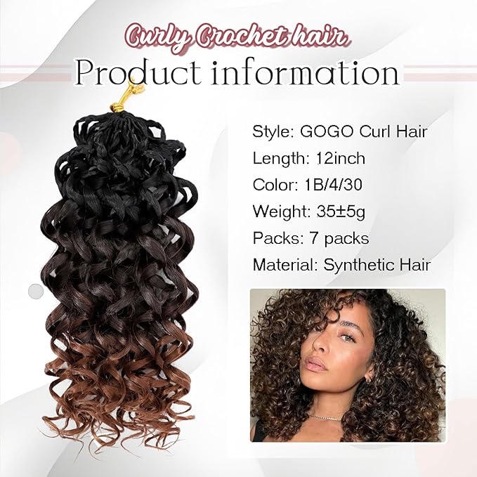 7 Packs Gogo Curl Crochet Hair for Women 12 Inch Pre-Twisted Curly Crochet Hair Deep Ocean Beach Curl Crochet Braids Synthetic Braiding Hair Extensions (12 Inch, 1B/4/30)
