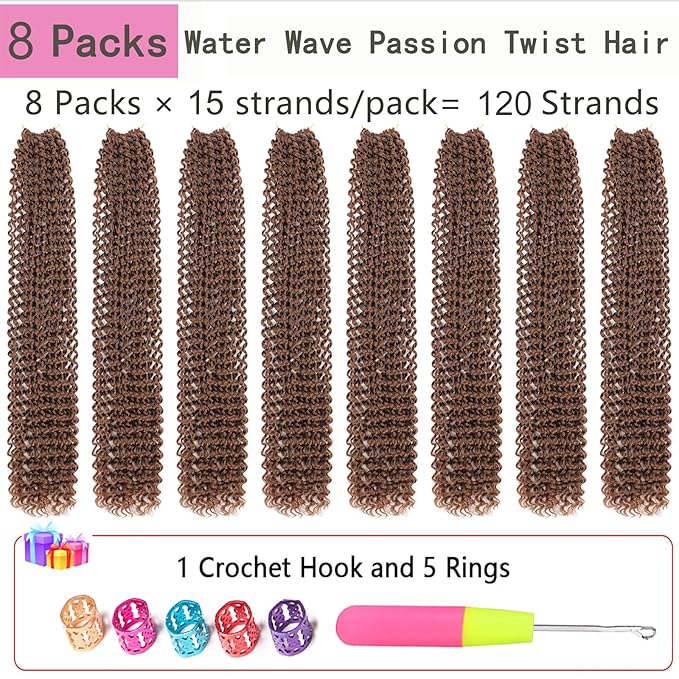 Passion Twist Hair Brown 24 Inch 8 Packs Water Wave Crochet Hair For Black Women Curly Braiding Hair Long Spring Twist Hair Synthetic Hair Extension (24 Inch (Pack of 8), 30#)