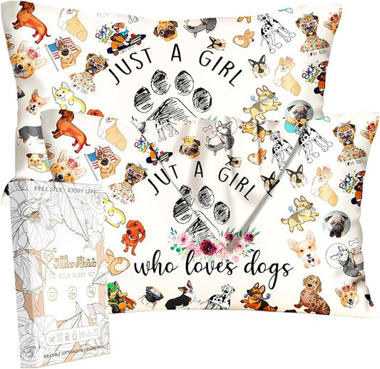 Silk Pillowcase 2 Pack - Cute Pillow Cases 20" x 26" Standard Size Set of 2 for Hair and Skin Smooth Soft Breathable with Hidden Zipper Cooling Pillow Covers for Sleeping, Little Puppy