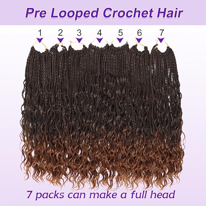 Eacia Goddess Box Braids Crochet Hair 18 Inch 7 Packs Pre Looped Boho Box Braids Crochet Hair Extensions with Curly Ends(18 Inch, T1B/30#)