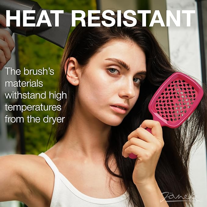 Janeke Superbrush Detangling Brush for Soft Smoothing Hair Brushing with Anti-Static Bristles - Vented Wet Hair Brush for Blow Drying Use - for Curly, Thick, Wavy, Fine Hair Types (Bright Pink)