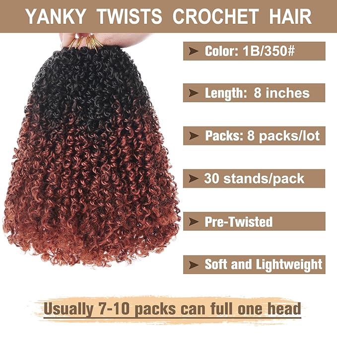COOKOO 8 Inch Ginger Ombre Passion Twist Braiding Hair - 8 Packs Fluffy Crochet Hair for Women