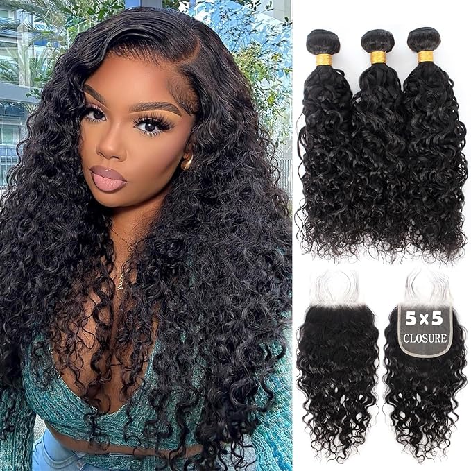 12A Human Hair 3 Bundles with 5x5 Lace Closure (14 16 18+12) 100% Unprocessed Brazilian Water Wave Virgin Remy Hair Ocean Wave Curly Human Hair Bundles with HD Lace Closure Natural Color