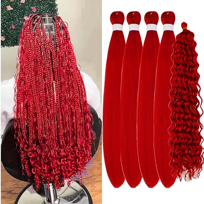 Red Boho Braiding Hair Pre stretched Boho Curly Deep Wave Crochet Boho Braids Prestretched Braiding Hair Extensions Synthetic Hypoallergenic Ez Braid Knotless