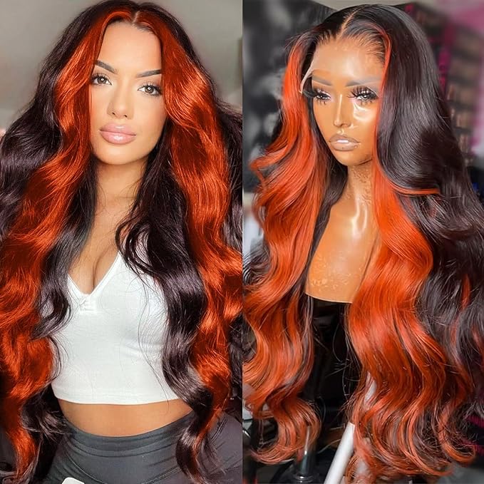 200% Density 13X6 Ginger Lace Front Wigs Human Hair Pre Plucked for Women Ombre 13X6 HD Transparent Ginger Orange wig Glueless Hightlight Lace Front Wigs Human Hair with Baby Hair 34Inch