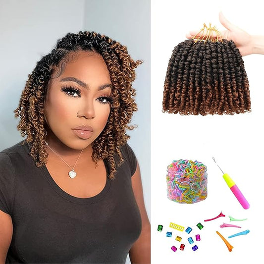 Pre-Twisted Passion Twist Crochet Hair for Black Women Passion Twist Hair Pre Looped Bohemian Braids 6 Inch 8 Packs Ombre Black to Brown Short Bob Curly Crochet Braiding Hair Extensions(6"-8P T30)