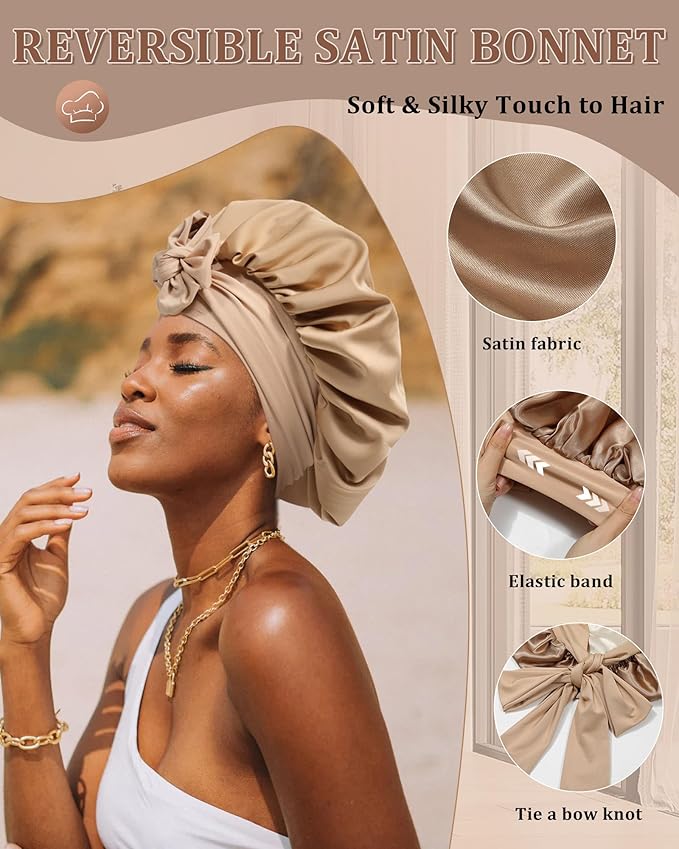 Reversible Satin Bonnet for Sleeping Women Double Layer Hair Bonnet with 2PCS Hair Scrunchies Elastic Tie Band Night Cap