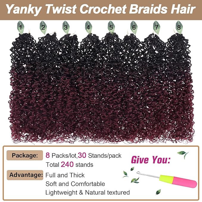 COOKOO 8 Packs 12 Inch Pre-twisted Synthetic Crochet Braiding Hair Ombre Burgundy Short Micro Passion Twists Braiding Hair Pre Looped Yanky Twist Crochet Hair Curly Ends for Women 1B/Bug