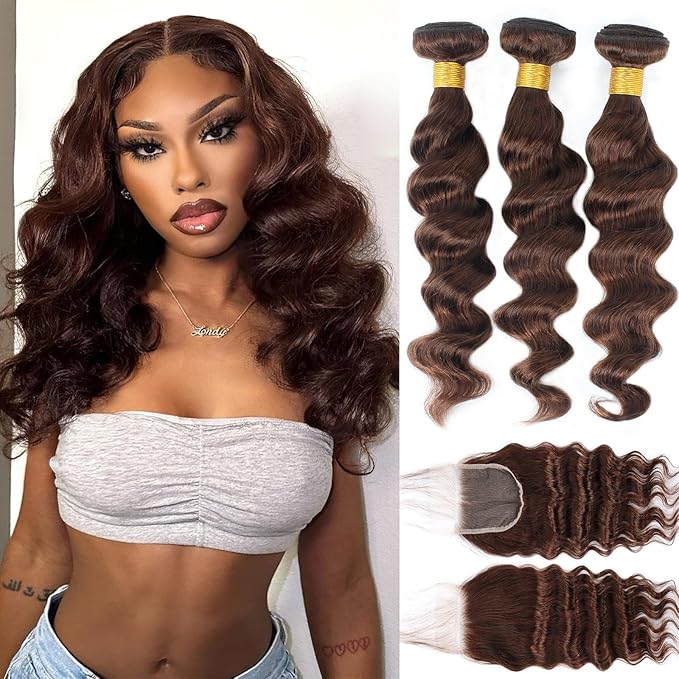 Brown Bundles with Closure Human Hair Loose Wave Human Hair Bundles with Closure (16 18 20+14）12A Brazilian Virgin Hair Light Brown Loose Deep Wave 3 Bundles with 4x4 Closure 4# Color
