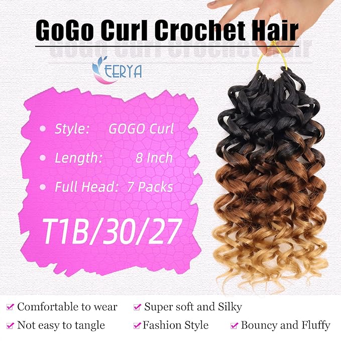 7 Packs GoGo Curl Crochet Hair 8 Inch Short Curly Crochet Hair for Women Deep Wave Beach Curl Crochet Braids Synthetic Braiding Hair Extensions(8 Inch, T1B/30/27)