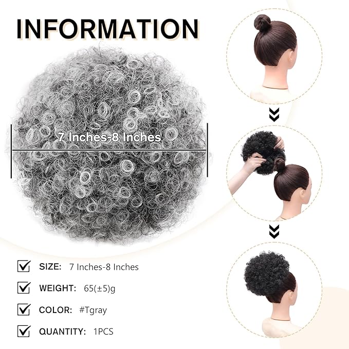 AISI QUEENS Afro Puff Drawstring Ponytail Extension for Black Women, Ombre Gray Faux Buns Short Kinky Curly Hair Ponytail Hair Extension Updo Wrap Fiber Wig(Tgray#)