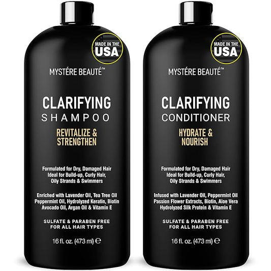 Clarifying Shampoo and Conditioner Set- Hydrating, Calming & Removes Buildup, For All Hair Types, Clarifying Cleanse for Dirt, Oil & Hard Water Buildup, for Men Women MYSTÉRE BEAUTÉ - 16 fl oz each