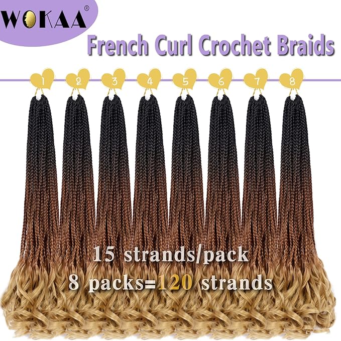 French Curl Crochet Braids 22 Inch 8 Packs Goddess Box Braids Crochet Hair for Women Pre Looped Crochet Box Braid with Curly Ends Synthetic French Curly Braiding Hair Extensions (1B/30/27)