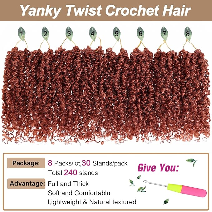 COOKOO 8 Inch Ginger Yanky Twist Crochet Hair 8 Packs (30 Strands/Pcs) Pre-twisted Short Spring Twist Mini Yanky Twist Hair Fluffy Passion Twist Pre-Looped Kinky Curly Crochet Hair for Women (350)