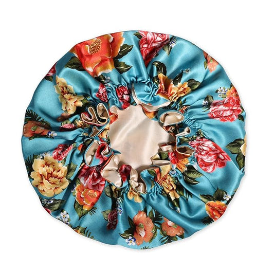 100% Mulberry Silk Bonnet for Women – Handmade in USA, 19 Momme Double-Layer Reversible Hair Wrap, Non-Slip Sleep Cap for Curly & Natural Hair, Luxury Hair Protection (Blue Peonies)