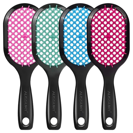 4 Pack Vented Detangling Hair Brush - Detangler Hairbrush with Soft Bristles for Effortless Tangle Free - Ideal for Wet Dry or Curly Damaged Hair for Women Men Kids