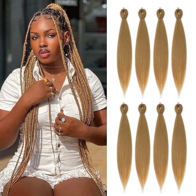Pre-stretched Braiding Hair - 26 Inch 8 Packs Blonde Braiding Hair For Twist or Box Braids, Yaki Texture Hot Water Setting Synthetic Braiding Hair Extensions (26 Inch, 27#-8P)