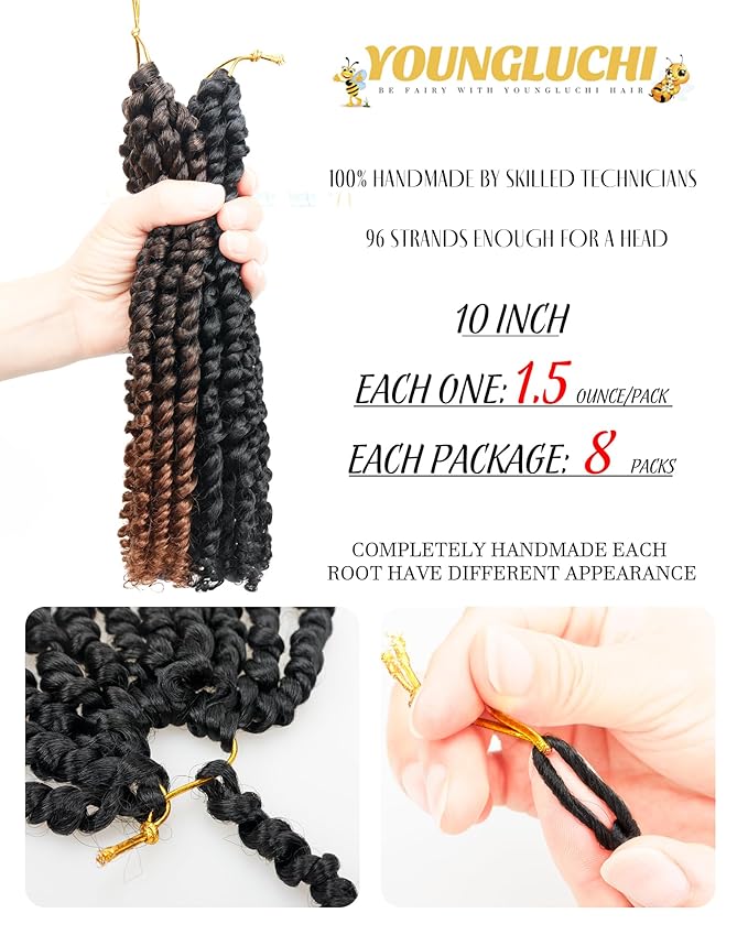 Passion Twist Crochet Hair 10 Inch Pre Looped-Mixed Color Combo Pack(6 packs 1B+2 packs T1B/30),Pre-twisted Soft & Bouncy Synthetic Braided Hair Extensions For Black Women (10 Inch-8 Packs,1B+T30)