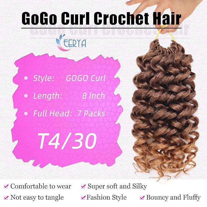 7 Packs GoGo Curl Crochet Hair 8 Inch Short Gray Curly Crochet Hair for Women Deep Wave Beach Curl Crochet Braids Synthetic Braiding Hair Extensions(8 Inch, T4/30)