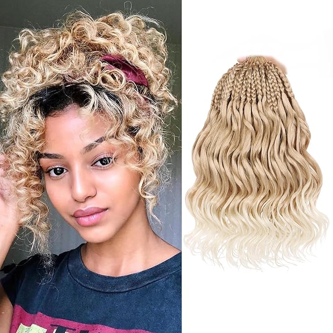 Leeven 10 Inch 8 Packs Ocean Wave Crochet Hair Pre Looped Ombre Blonde Boho Curly Crochet Hair Short Ocean Braids Pre Twisted Synthetic Deep Wavy Crochet Hair for Women #T27/613