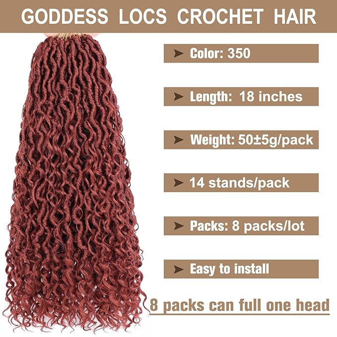 COOKOO Ginger Bohemian Locs Crochet Hair for Black Women 18 Inch 8 Packs Goddess Locs Crochet Hair Boho Faux Locs Crochet Hair Pre Looped Crochet Locs with Curly Ends River Locs Hair Extentions 350#