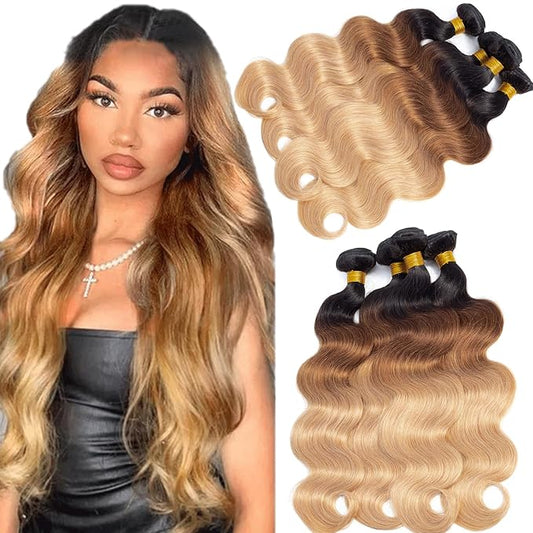 12A Grade Ombre Body Wave Bundles Human Hair (T1B/30/27,20" 22" 24" 26") Brazilian Ombre Brown Body Wave Human Hair 4 Bundles 100% Real Unprocessed Virgin Remy Hair Quick Weave