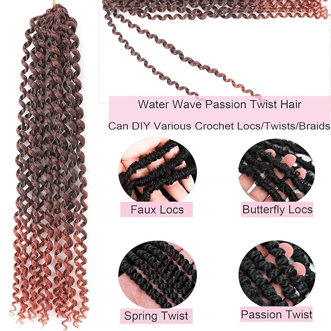 Copper Passion Twist Hair 14 Inch 7 Packs Water Wave Crochet Hair T350# Wrap Braiding Hair For Passion Twist Crochet Hair/Butterfly Locs/Spring Twist Crochet Braids Boho Hair Extension (14 Inch,T350#)