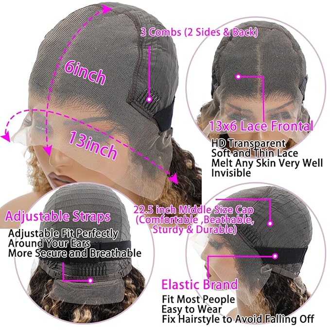 P4/27 Highlight Deep Wave Wig Human Hair 13X6 Highlight Lace Front Wig Human Hair 210% Density Ombre Curly HD Transparent Lace Frontal Wigs Human Hair Wet and Wavy Wig Pre Plucked 22 Inch