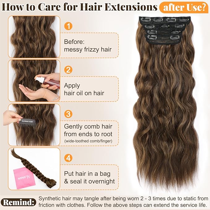 ALXNAN Clip in Long Wavy Synthetic Hair Extension 24 Inch Medium Brown with Blonde Highlights 4PCS Thick Hairpieces Fiber Double Weft Hair for Women