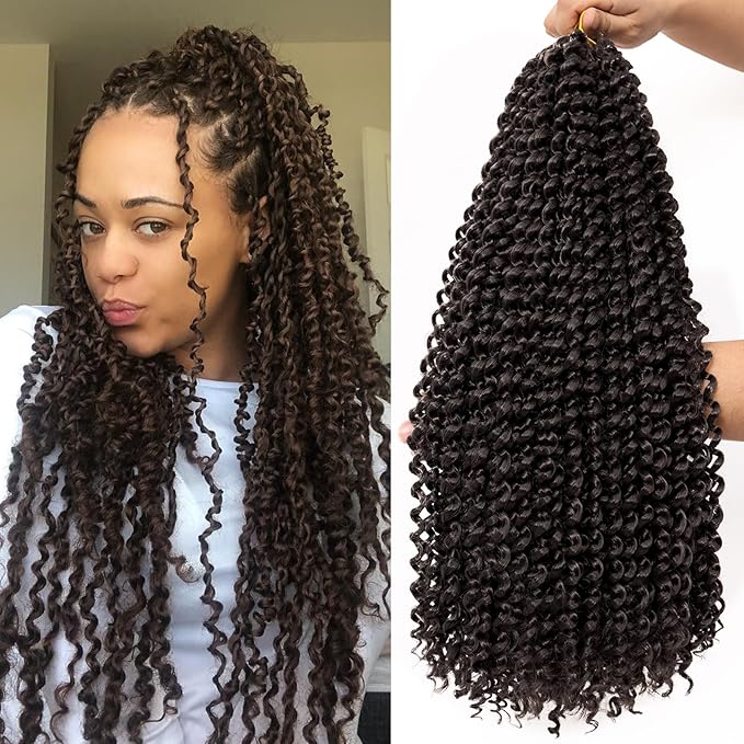 Dorsanee Dark Brown Passion Twist Hair 18 Inch 6 Packs Water Wave Crochet Hair Long Bohemian Curly Braiding Hair for Butterfly Locs, Faux Locs, Boho Style Spring Twist Crochet Braids (4#)