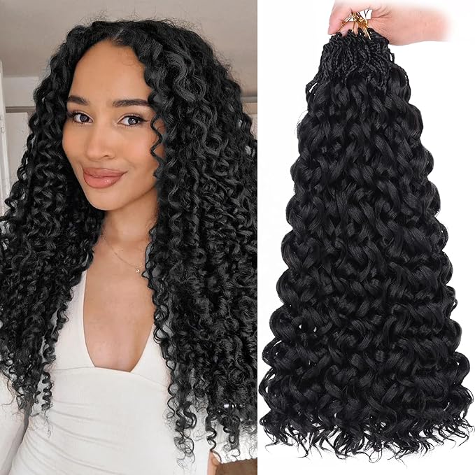 Leeven Gogo Curl Crochet Hair 18 Inch 8 Packs Black Ocean Wave Crochet Hair Pre Looped Deep Twist Goddess Box Braids Curly Water Wave Synthetic Braiding Hair for Women Girl Kids