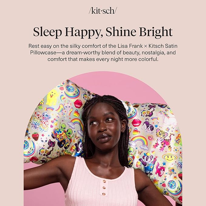 Kitsch x Lisa Frank Satin Pillowcase with Zipper for Hair & Skin, Softer Than Silk Pillow Cases, Wrinkle-Free, Smooth and Cooling Satin Pillow Covers King Size 19x36- The Fantastic World of Lisa Frank