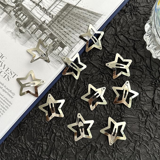Star Hair Clips 2000s Y2K Snap Hair Barrettes Non Slip Star Hair Accessories Silver Metal Hair Clips for Girls Women -30 PCS 1.18"