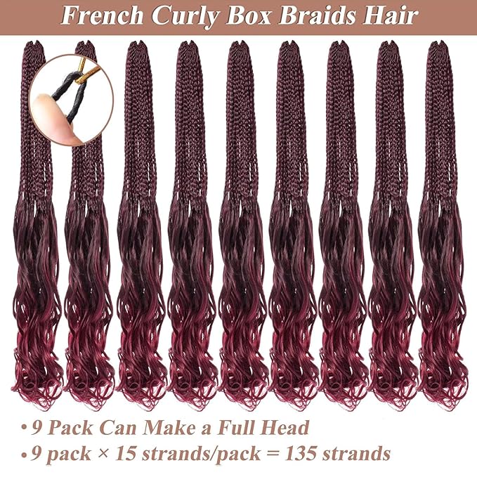 9 Packs French Curl Crochet Braids 18 Inch Ombre Burgundy Pre Looped Goddess Box Braids with Curly Ends Red Bouncy Synthetic Bohemian French Curly Braiding Hair for Women