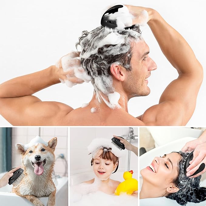 3 in 1 Scalp Scrubber, Hair Scalp Massager, with 3 Replacement Brushes, Shampoo Brush for Relaxing, Deep Cleansing Exfoliator & Soothes itching - Wet/Dry Use for All Hair Types, Black