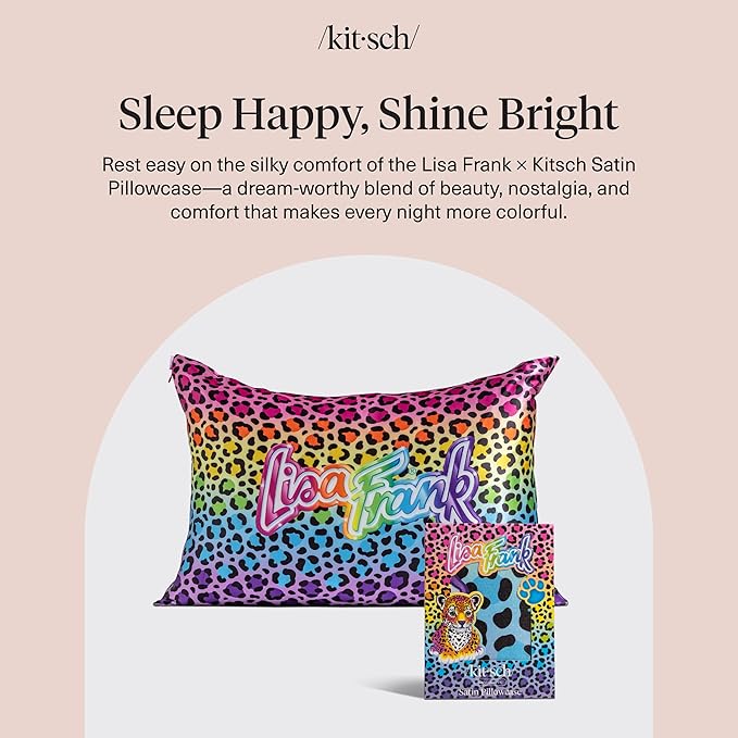 Kitsch x Lisa Frank Satin Pillowcase with Zipper for Hair & Skin, Softer Than Silk Pillow Cases Queen, Wrinkle-Free, Smooth and Cooling Satin Pillow Covers Standard/Queen Size 19x26 - Rainbow Leopard